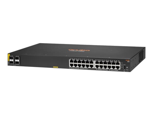 HPE Aruba 6100 24G Class4 PoE 4SFP+ - Switch - Administrerad - 24 x 10/100/1000 (PoE+) + 4 x 1 Gigabit / 10 Gigabit SFP+ - sida till sida luftflöde - Svart