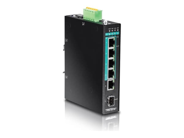 TRENDnet TI-PG541 - Kytkin - 4 x 10/100/1000 (PoE+) + 1 x 10/100/1000 + 1 x Gigabit SFP - DIN-kiskoon asennettava - PoE+ (120 W) - TAA-yhteensopiva