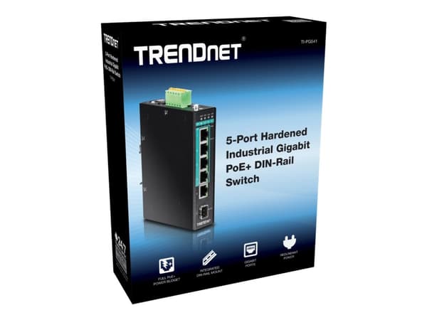 TRENDnet TI-PG541 - Kytkin - 4 x 10/100/1000 (PoE+) + 1 x 10/100/1000 + 1 x Gigabit SFP - DIN-kiskoon asennettava - PoE+ (120 W) - TAA-yhteensopiva