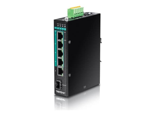TRENDnet TI-PG541 - Kytkin - 4 x 10/100/1000 (PoE+) + 1 x 10/100/1000 + 1 x Gigabit SFP - DIN-kiskoon asennettava - PoE+ (120 W) - TAA-yhteensopiva