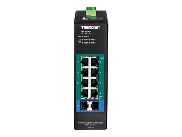 TRENDnet TI-PG102I - Switch - Administrerad - 8 x 10/100/1000 (PoE+) + 2 x Gigabit SFP - DIN-skenmonterbar - PoE+ (240 W) - likström - TAA-kompatibel