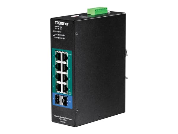 TRENDnet TI-PG102I - Switch - Administrerad - 8 x 10/100/1000 (PoE+) + 2 x Gigabit SFP - DIN-skenmonterbar - PoE+ (240 W) - likström - TAA-kompatibel Svart