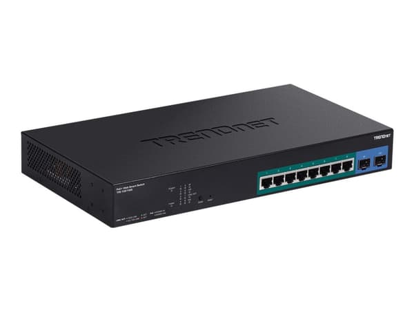 TRENDnet TPE-1021WS - Switch - smart - 8 x 10/100/1000 (PoE+) + 2 x 10/100/1000/SFP - stasjonær, rackmonterbar - PoE+ (130 W) - TAA-samsvar Sort