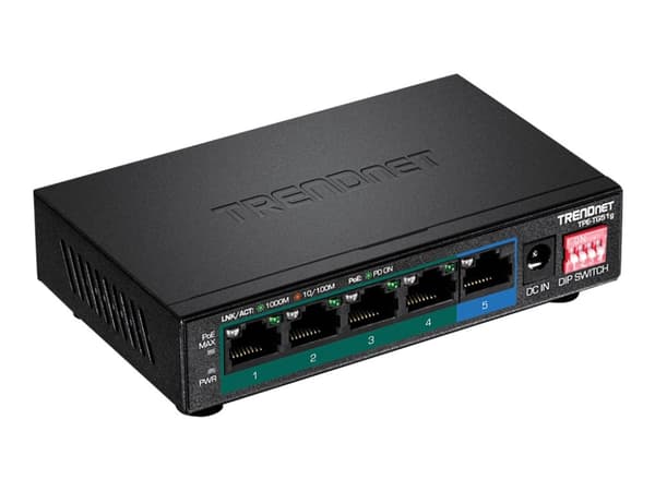 TRENDnet TPE-TG51g - Switch - ikke-styrt - 4 x 10/100/1000 (PoE+) + 1 x 10/100/1000 - stasjonær, veggmonterbar - PoE+ (60 W) - TAA-samsvar Sort