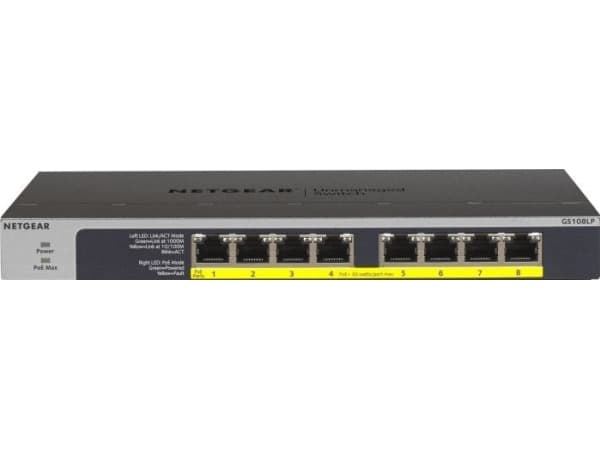 NETGEAR GS108LP, Hallitsematon, Gigabit Ethernet (10/100/1000), Power over Ethernet -tuki, Telineasennus, 1U, Seinäkiinnitteinen