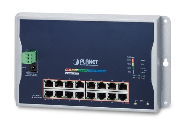 PLANET WGS-4215-16P2S, Håndtert, L2, Gigabit Ethernet (10/100/1000), Full tosidig, Strøm over Ethernet (PoE), Kan monteres på vegg Sort