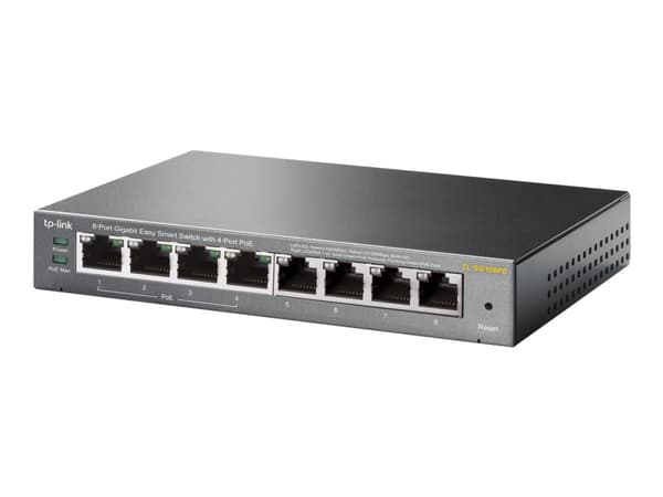 TP-Link Easy Smart TL-SG108PE - Switch - smart - 4 x 10/100/1000 (4 PoE+) + 4 x 10/100/1000 - skrivbordsmodell - PoE+ (64 W)