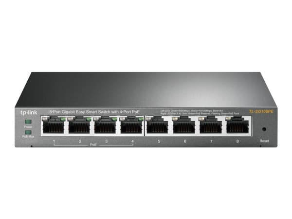 TP-Link Easy Smart TL-SG108PE - Switch - smart - 4 x 10/100/1000 (4 PoE+) + 4 x 10/100/1000 - skrivbordsmodell - PoE+ (64 W)
