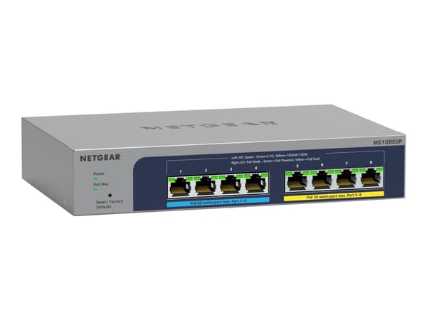 NETGEAR Plus MS108EUP - Switch - Administrerad - 4 x 100/1000/2.5G (PoE++) + 4 x 100/1000/2.5G (PoE+) - skrivbordsmodell, väggmonterbar - PoE++ (230