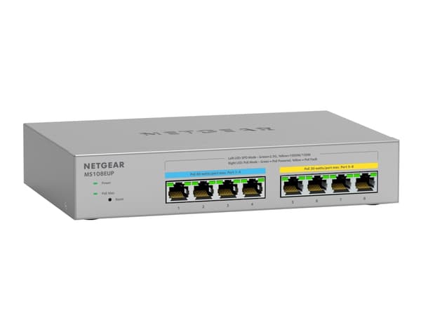 NETGEAR Plus MS108EUP - Switch - Administrerad - 4 x 100/1000/2.5G (PoE++) + 4 x 100/1000/2.5G (PoE+) - skrivbordsmodell, väggmonterbar - PoE++ (230