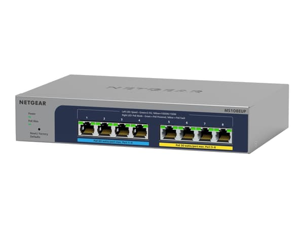 NETGEAR Plus MS108EUP - Switch - Administrerad - 4 x 100/1000/2.5G (PoE++) + 4 x 100/1000/2.5G (PoE+) - skrivbordsmodell, väggmonterbar - PoE++ (230
