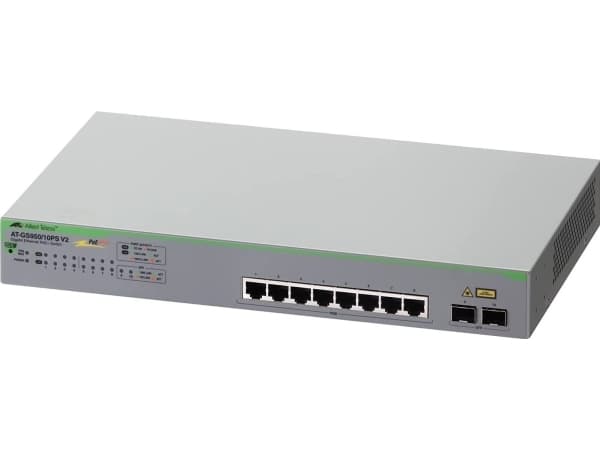 Allied Telesis AT GS950/10PS V2 - Switch - smart - 8 x 10/100/1000 (PoE+) + 2 x 1000Base-X - skrivbordsmodell, rackmonterbar, väggmonterbar - PoE+ (7