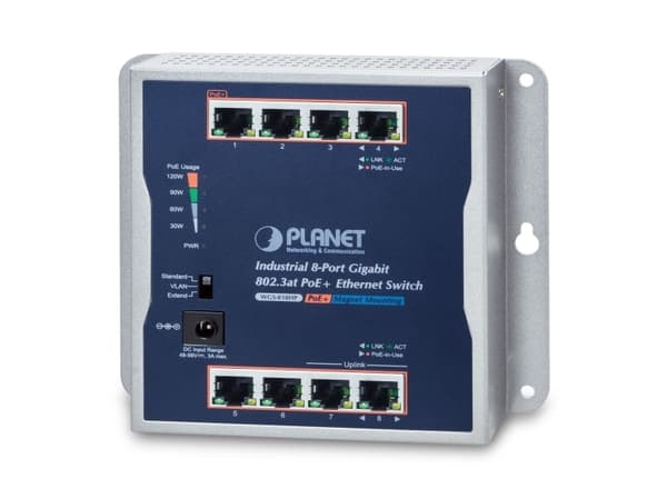 PLANET IP30 Industrial 8-Port, Ohanterad, Gigabit Ethernet (10/100/1000), Strömförsörjning via Ethernet (PoE) stöd, Rackmontering, Monteringsbar på v