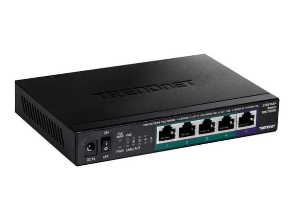 TRENDnet TPE TG350 - Switch - ohanterad - 4 x 10/100/1000/2.5G (PoE+) + 1 x 100/1000/2.5G - skrivbordsmodell, väggmonterbar - PoE+ (55 W) - TAA-kompa Svart