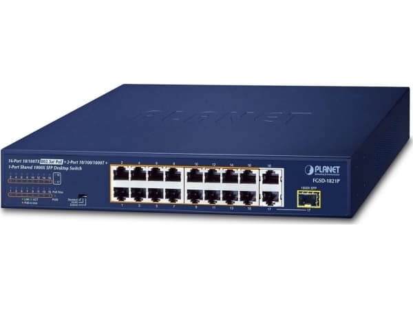 PLANET 16-Port 10/100TX 802.3at PoE, Ohanterad, Fast Ethernet (10/100), Full duplex, Strömförsörjning via Ethernet (PoE) stöd, Rackmontering, 1U