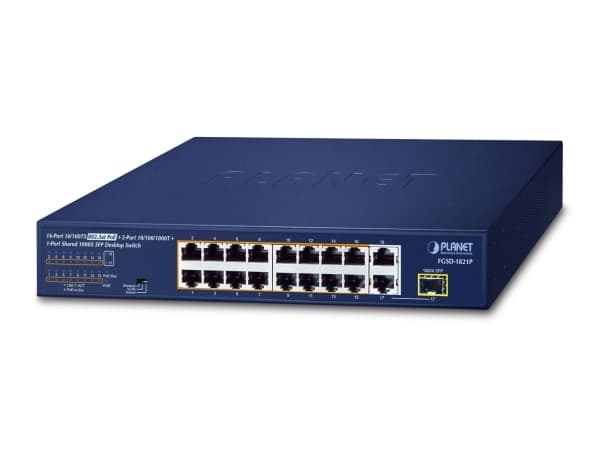 PLANET 16-Port 10/100TX 802.3at PoE, Ohanterad, Fast Ethernet (10/100), Full duplex, Strömförsörjning via Ethernet (PoE) stöd, Rackmontering, 1U Blå