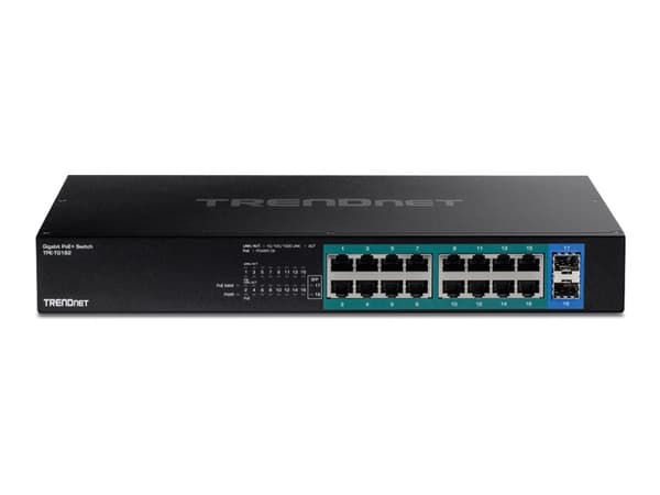 TRENDnet TPE TG182 - Kytkin - 16 x 10/100/1000 (PoE+) + 2 x SFP - monterbar på stativ - PoE+ (240 W)