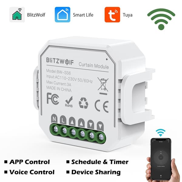 BlitzWolf BW-SS6 WiFi-gardinmodul med APP/röststyrning, schema/timer/enhetsdelning för persienner Rullgardin