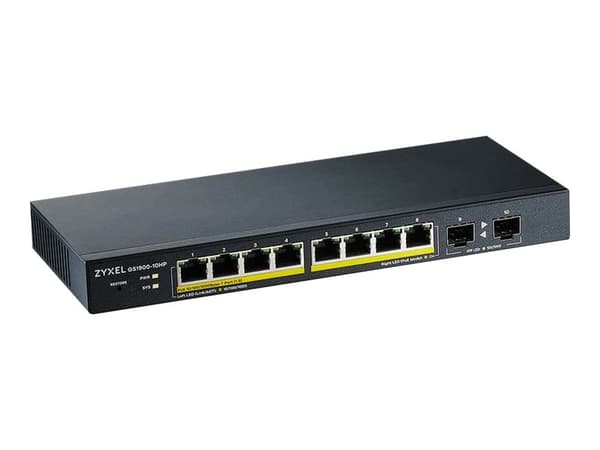 Zyxel GS1900-10HP - Switch - smart - 8 x 10/100/1000 (PoE+) + 2 x Gigabit SFP - skrivbordsmodell, väggmonterbar - PoE+ (77 W) Svart