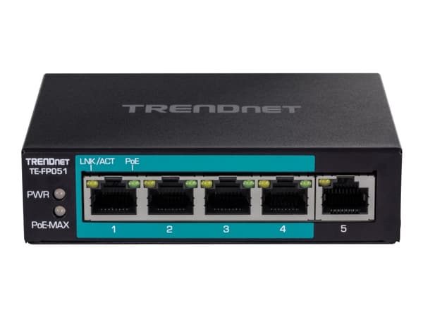 TRENDnet TE-FP051 - Switch - ohanterad - 4 x 10/100 (PoE+) + 1 x 10/100 - skrivbordsmodell, väggmonterbar - PoE+ (60 W)