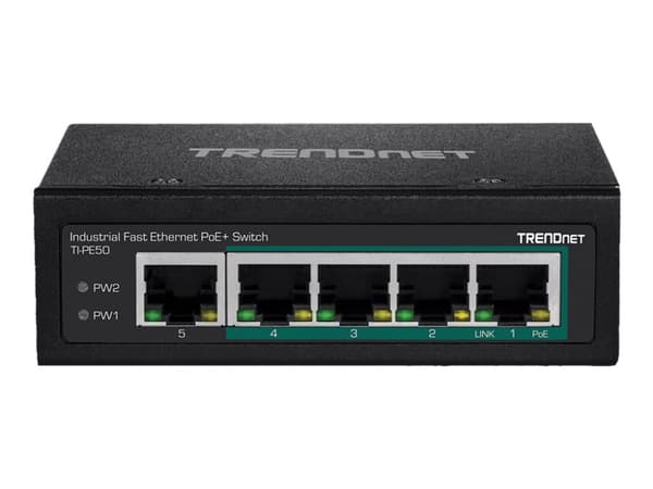 TRENDnet TI-PE50 - Switch - ikke-styrt - 4 x 10/100 (PoE+) + 1 x 10/100 - DIN-skinnemonterbar, veggmonterbar - PoE+ (90 W) - DC-strøm - TAA-samsvar