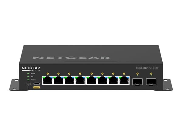 NETGEAR AV Line M4250-8G2XF-PoE+ - Switch - L3 - Administrerad - 8 x 10/100/1000 (8 PoE+) + 2 x 10 Gigabit SFP+ - sida till sida luftflöde - skrivbor