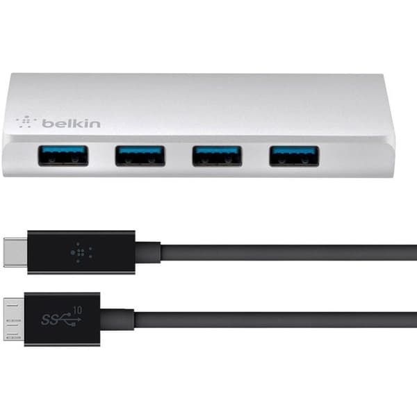 USB 3.0-hubb - BELKIN - 4 portar - Brossad aluminium - USB-C-kabel - Kontor