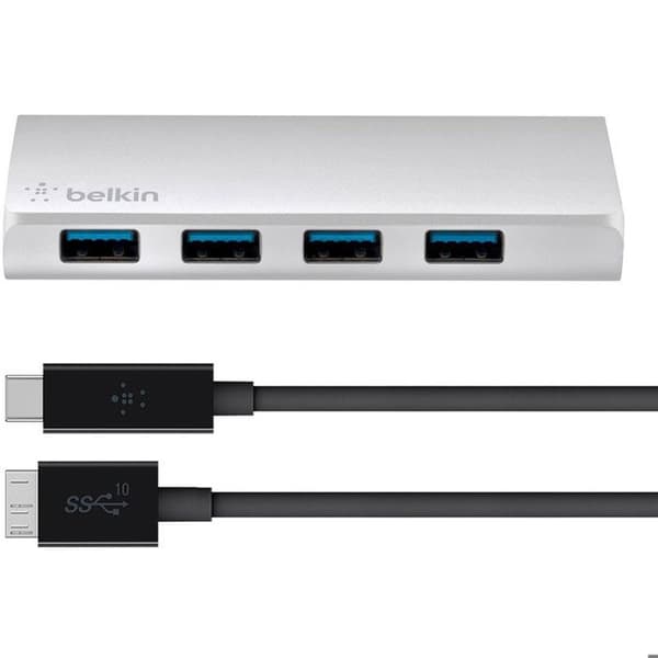 USB 3.0-hubb - BELKIN - 4 portar - Brossad aluminium - USB-C-kabel - Kontor
