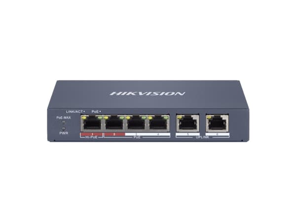 Hikvision DS-3E1106HP-EI - Kytkin - älykäs - 3 x 10/100 (PoE+) + 2 x 10/100 (uplink) + 1 x 10/100 (Hi-PoE) - pöytätietokone - High PoE / PoE+ (60 W)