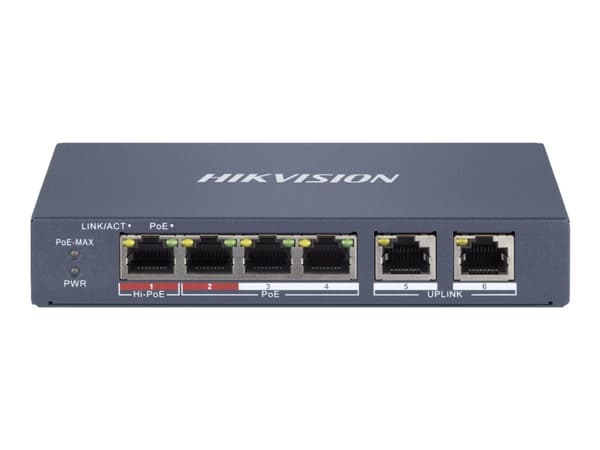 Hikvision DS-3E1106HP-EI - Kytkin - älykäs - 3 x 10/100 (PoE+) + 2 x 10/100 (uplink) + 1 x 10/100 (Hi-PoE) - pöytätietokone - High PoE / PoE+ (60 W)