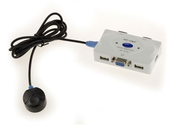 KVM Switch delningsbox för 2 datorer. VGA-skärm, USB-tangentbord och mus, med fjärrkontroll och KVM-kablar medföljer