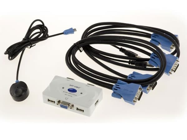 KVM Switch delningsbox för 2 datorer. VGA-skärm, USB-tangentbord och mus, med fjärrkontroll och KVM-kablar medföljer