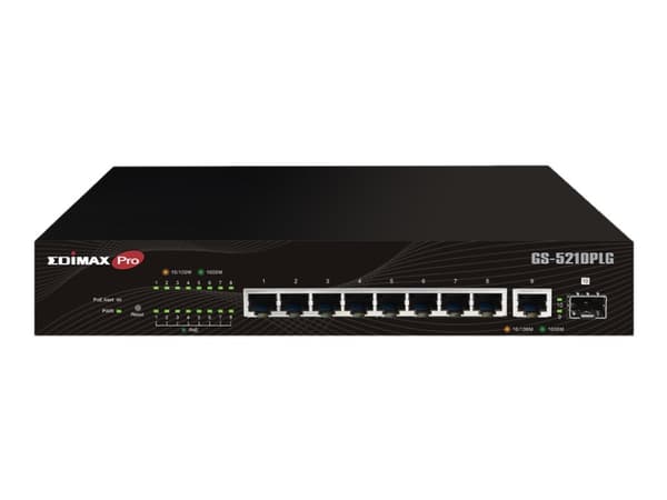 Edimax Switch GS-5210PLG, Hallittu, Gigabit Ethernet (10/100/1000), Gigabitti Ethernet, Täysin kaksipuolinen, Power over Ethernet -tuki, Telineasennu musta