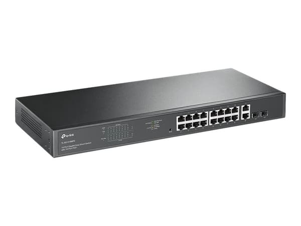 TP-Link JetStream TL-SG1218MPE - Switch - smart - 16 x 10/100/1000 (PoE+) + 2 x Gigabit SFP - rackmonterbar - PoE+ (192 W) - AC 100 - 240 V Sort