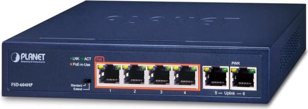 PLANET 4-Port 10/100TX 802.3at POE + Unmanaged Fast Ethernet (10/100) Power over Ethernet (PoE) Sininen (FSD-604HP-SD) Sininen