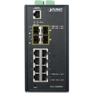 PLANET IGS-12040MT - Switch - hanterad - 8 x 10/100/1000 + 4 x Gigabit SFP - DIN-skena monteringsbar, väggmonterbar - AC 24 V / DC 12 -72 V (IGS-12040