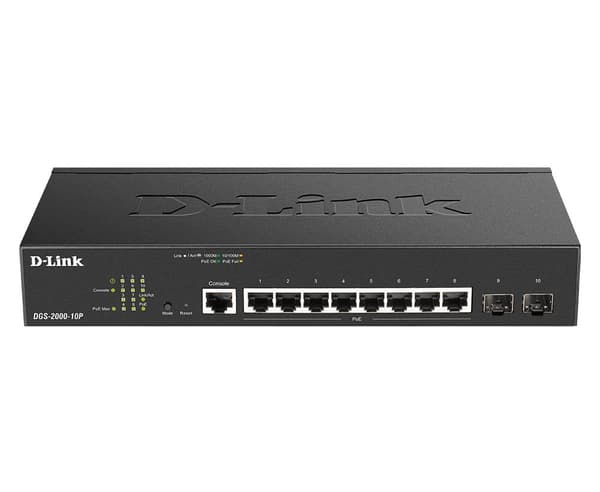 D-Link DGS 2000-10P - Switch - L3 - administreret - 8 x 10/100/1000 (PoE+) + 2 x Fast Ethernet/Gigabit SFP, kombineret - rackmonterbar - PoE+ (65 W) Sort