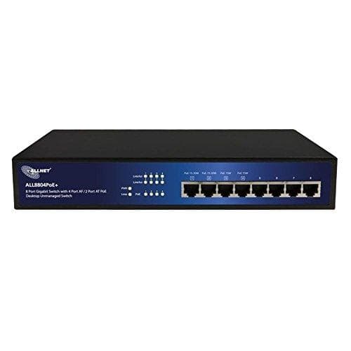 Hallitsematon Allnet ALL8804PoE+ -kytkin (8-nastainen Gigabit HPoE, 2x PoE+ tai 4x PoE, ilman tuuletinta, virtalähde) musta, Sininen