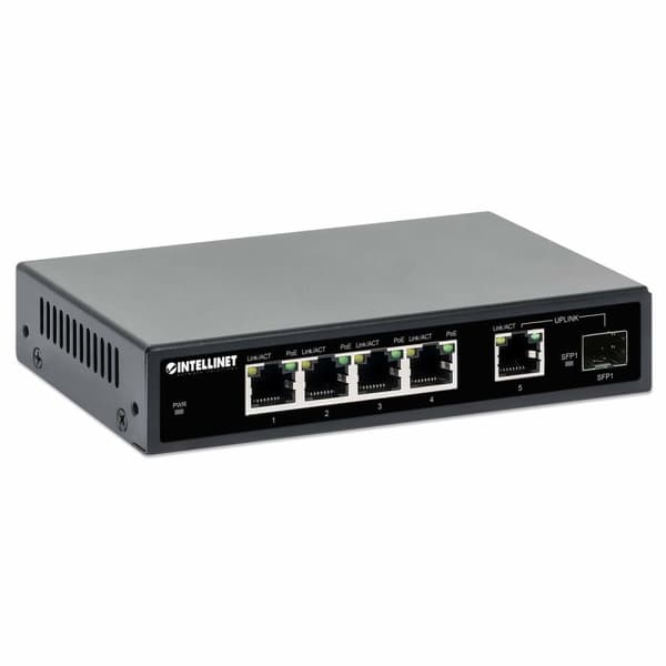 Intellinet – Kytkin – 4 x 10/100/1000 (PoE+) + 1 x Combo Gigabit SFP/RJ-45 (uplink) – Pöytäkone – PoE+ (91 W) (561822) musta