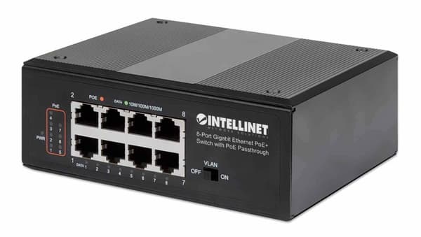 Intellinet IPS-08G-95W 8-Port Gigabit Ethernet PoE+ Switch med PoE Passthrough - Switch - uadministreret - 8 x 10/100/1000 (PoE+) - DIN-skinne montere Sort
