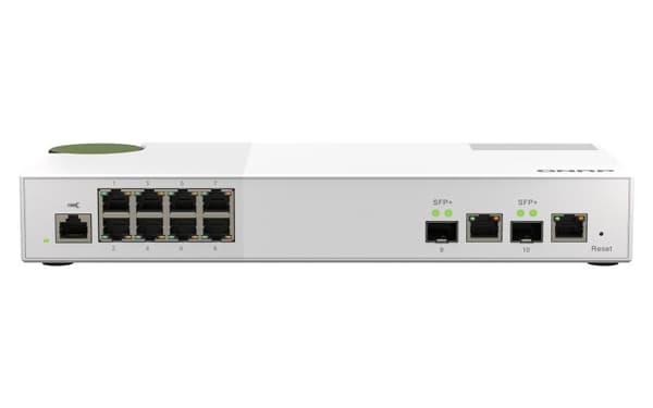 QNAP QSW-M2108-2C - Kytkin - hallittu - 2 x 10 gigabitin SFP+ + 8 x 2,5 gigabitin T - pöytäkone Harmaa, Valkoinen