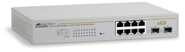 Allied Telesis AT GS950/8 WebSmart Switch - kytkin - hallittu - 8 x 10/100/1000 + 2 x jaettu SFP - työpöytä