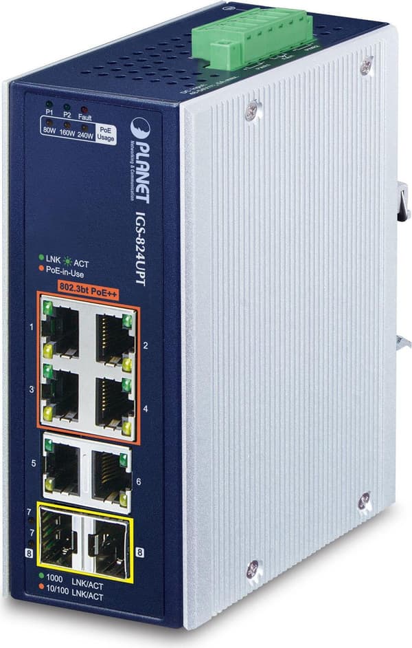 PLANET IP30 Industrial 4-Port Power over Ethernet (PoE) Sininen - valkoinen (IGS-824UPT) Sininen, Valkoinen