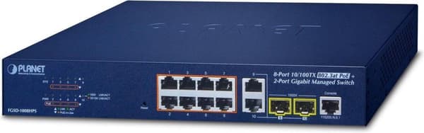 PLANET FGSD-1008HPS verkkokytkin, hallittu Fast Ethernet (10/100) Power over Ethernet (PoE) Sininen Sininen