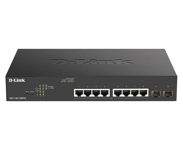 D-Link DGS 1100-10MP - V2 - Switch - Smart - 8 x 10/100/1000 (PoE) + 2 x Gigabit SFP - rackmonterbar - PoE (130 W) Sort
