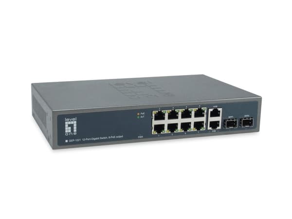 LevelOne GEP-1221 - Kytkin - hallitsematon - 8 x 10/100/1000 (PoE+) + 2 x Gigabit SFP + 2 x 1000Base-T - telineeseen asennettava - PoE+ (150 W) musta