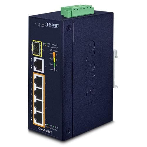 Planet IGS-614HPT. Basic switching RJ-45 Ethernet-porte type: Gigabit Ethernet (10/100/1000), Basic switching RJ-45 Ethernet-porte antal: 5. Routing/s Blå