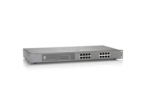 LevelOne GEP-1621 - Kytkin - hallitsematon - 16 x 10/100/1000 (PoE+) - telineeseen asennettava - PoE+ (0599013) Harmaa