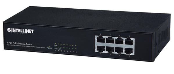 Intellinet 8-Port PoE+ Desktop Switch - Kytkin + 8 x 10/100 PoE+ - Pöytäkone - PoE+ (560764) musta