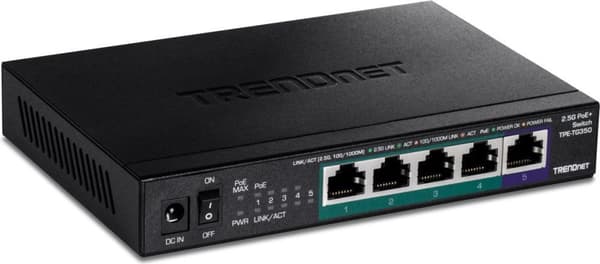 TRENDnet TPE TG350 - Switch - uadministreret - 4 x 10/100/1000/2.5G (PoE+) + 1 x 100/1000/2.5G - Desktop, vægmonterbar - PoE+ (55 W) Sort
